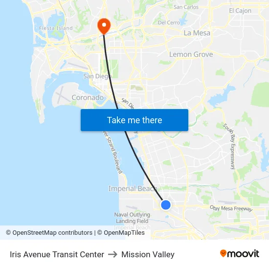 Iris Avenue Transit Center to Mission Valley map