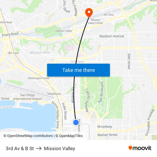 3rd Av & B St to Mission Valley map