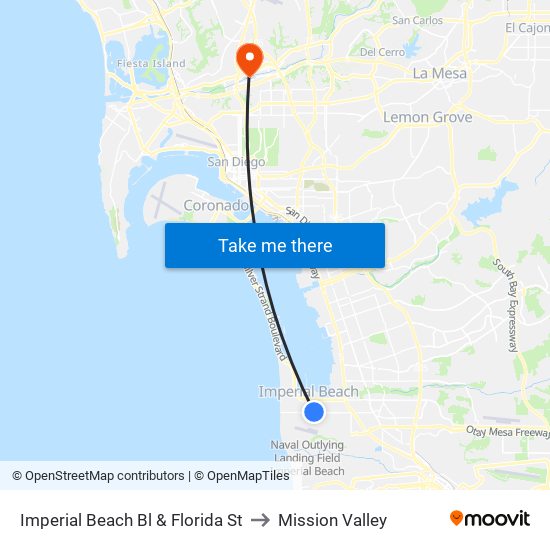 Imperial Beach Bl & Florida St to Mission Valley map
