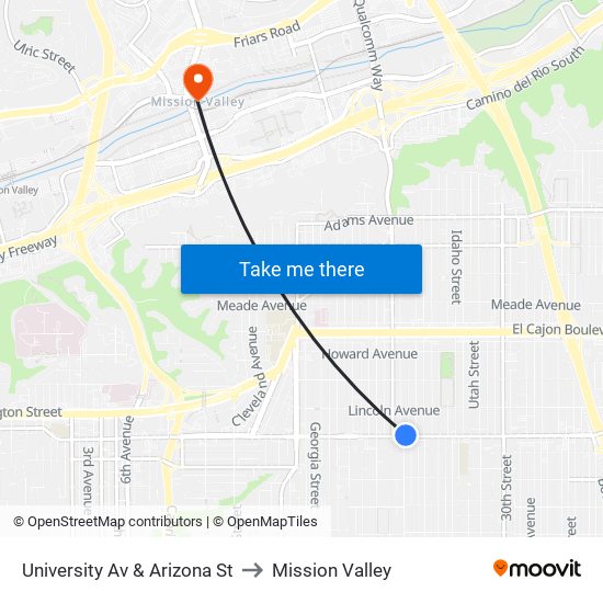 University Av & Arizona St to Mission Valley map