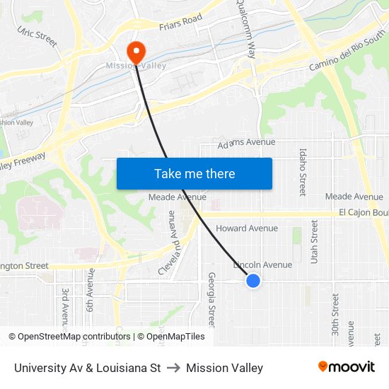 University Av & Louisiana St to Mission Valley map