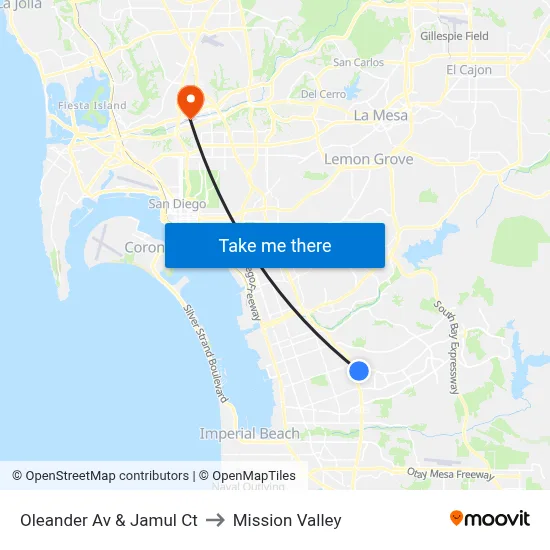 Oleander Av & Jamul Ct to Mission Valley map