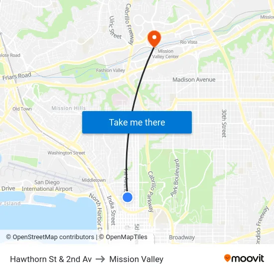 Hawthorn St & 2nd Av to Mission Valley map