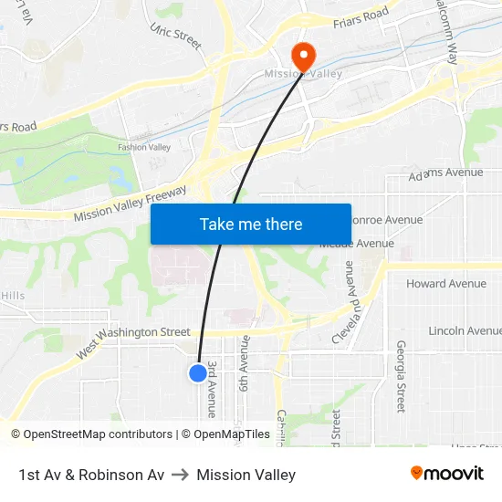 1st Av & Robinson Av to Mission Valley map