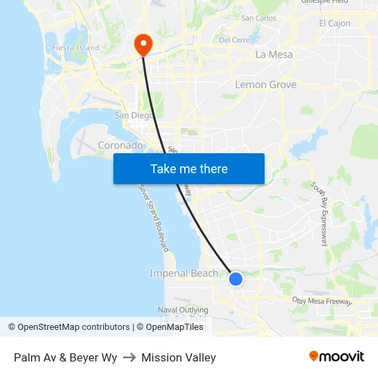 Palm Av & Beyer Wy to Mission Valley map