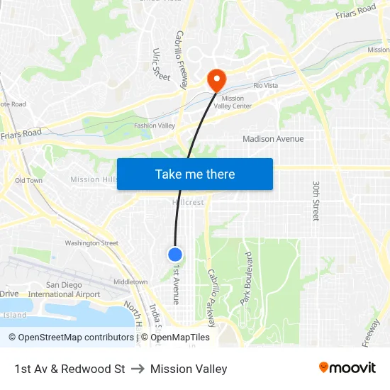 1st Av & Redwood St to Mission Valley map