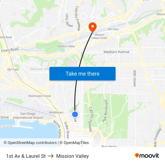 1st Av & Laurel St to Mission Valley map