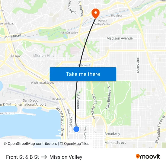Front St & B St to Mission Valley map