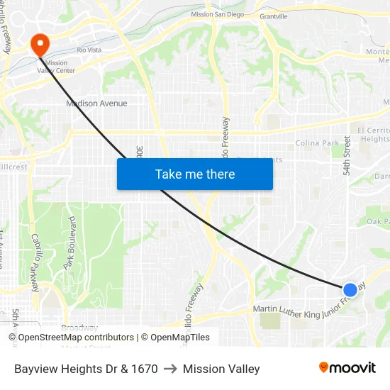Bayview Heights Dr & 1670 to Mission Valley map