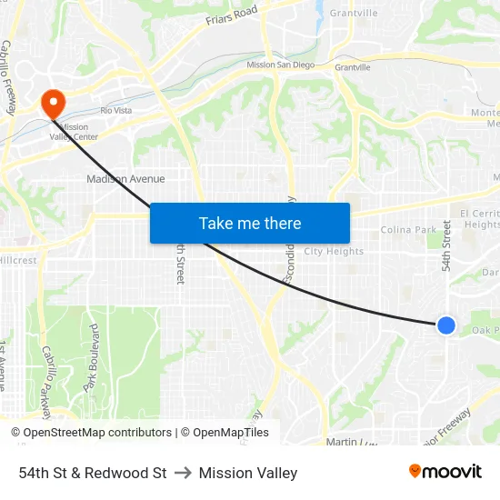 54th St & Redwood St to Mission Valley map
