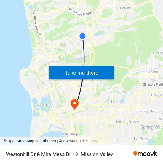 Westonhill Dr & Mira Mesa Bl to Mission Valley map