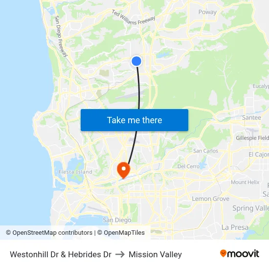 Westonhill Dr & Hebrides Dr to Mission Valley map