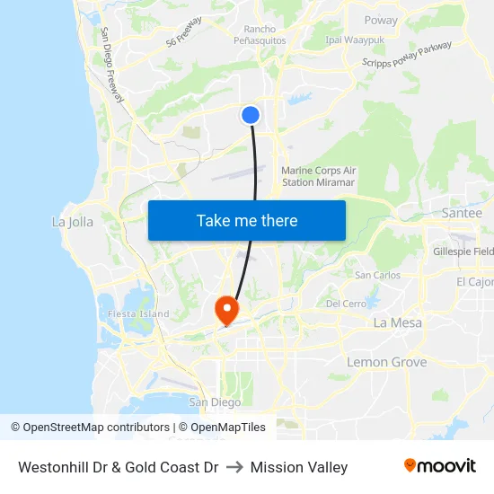 Westonhill Dr & Gold Coast Dr to Mission Valley map