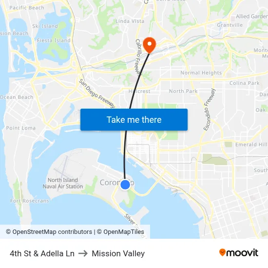 4th St & Adella Ln to Mission Valley map