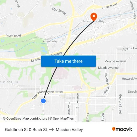 Goldfinch St & Bush St to Mission Valley map