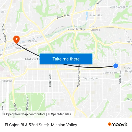 El Cajon Bl & 52nd St to Mission Valley map