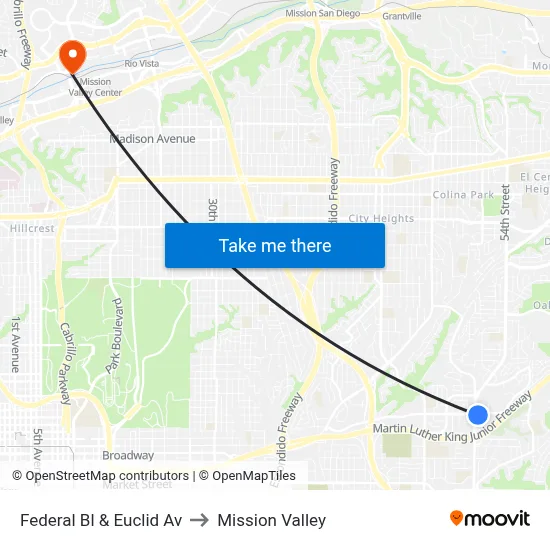 Federal Bl & Euclid Av to Mission Valley map