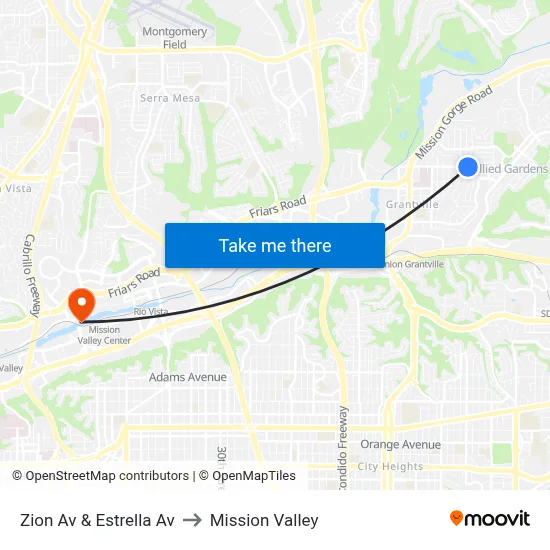 Zion Av & Estrella Av to Mission Valley map