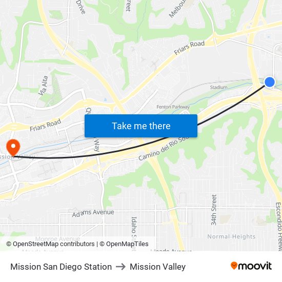 Mission San Diego Station to Mission Valley map