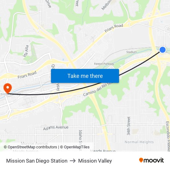 Mission San Diego Station to Mission Valley map