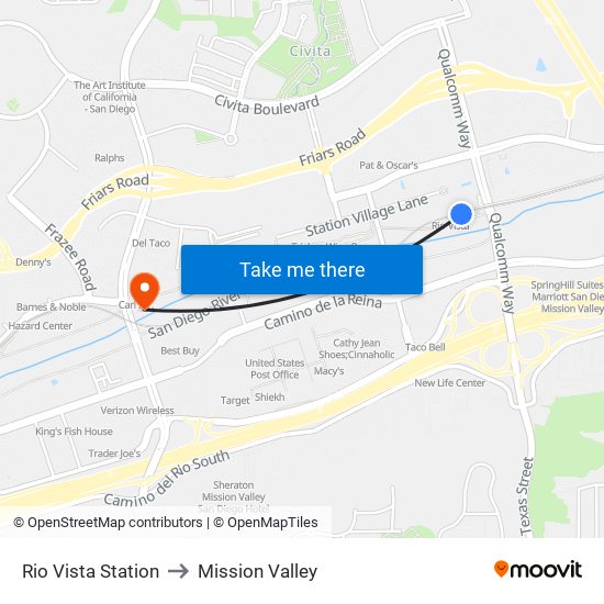 Rio Vista Station to Mission Valley map