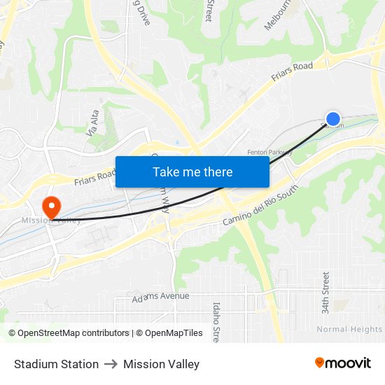 Stadium Station to Mission Valley map