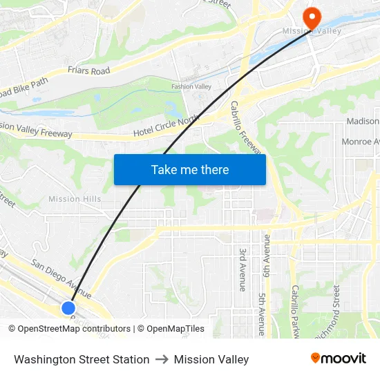 Washington Street Station to Mission Valley map