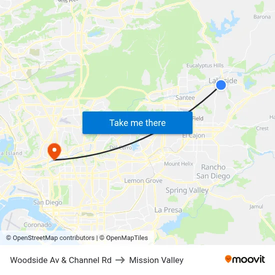 Woodside Av & Channel Rd to Mission Valley map