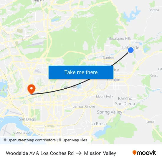 Woodside Av & Los Coches Rd to Mission Valley map