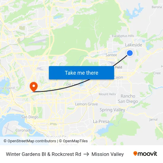Winter Gardens Bl & Rockcrest Rd to Mission Valley map