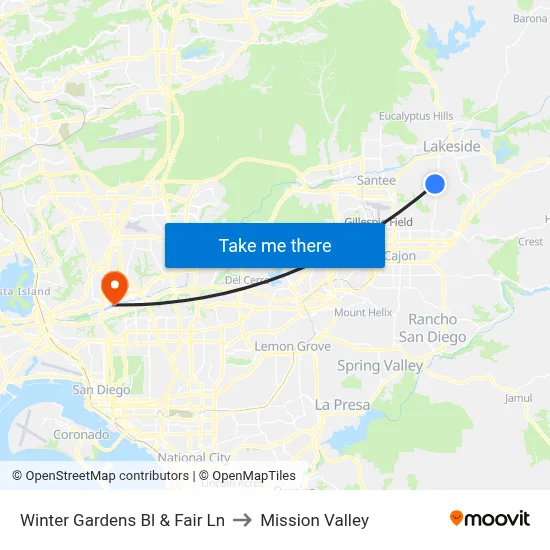 Winter Gardens Bl & Fair Ln to Mission Valley map
