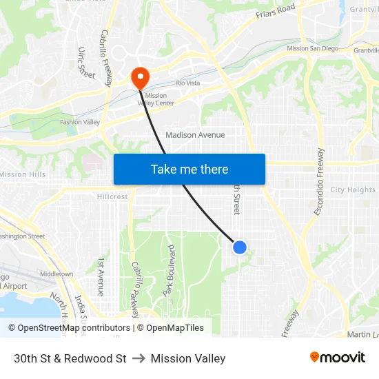 30th St & Redwood St to Mission Valley map