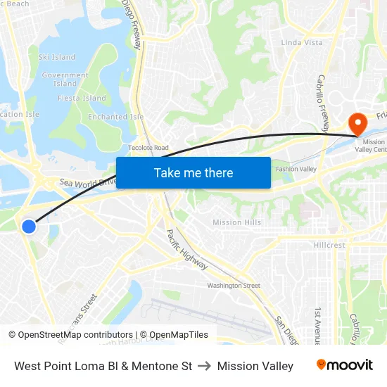West Point Loma Bl & Mentone St to Mission Valley map