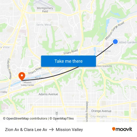 Zion Av & Clara Lee Av to Mission Valley map