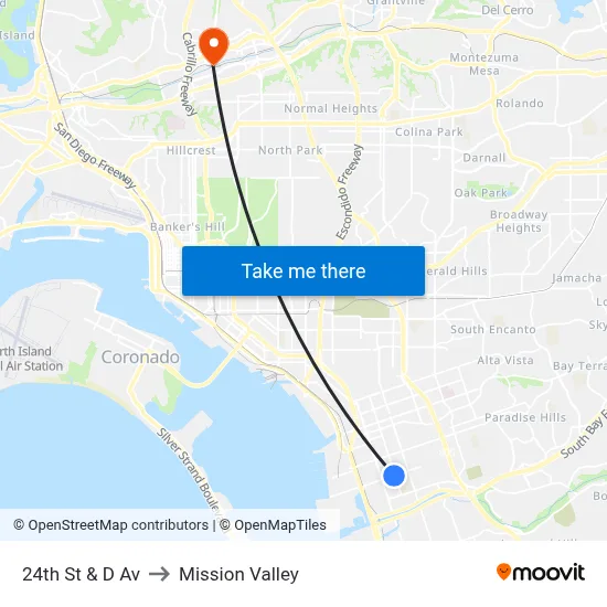 24th St & D Av to Mission Valley map
