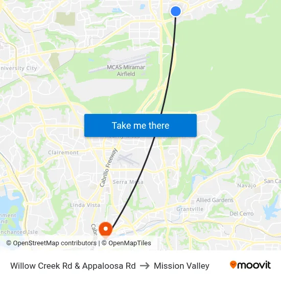 Willow Creek Rd & Appaloosa Rd to Mission Valley map