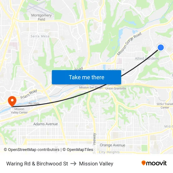 Waring Rd & Birchwood St to Mission Valley map