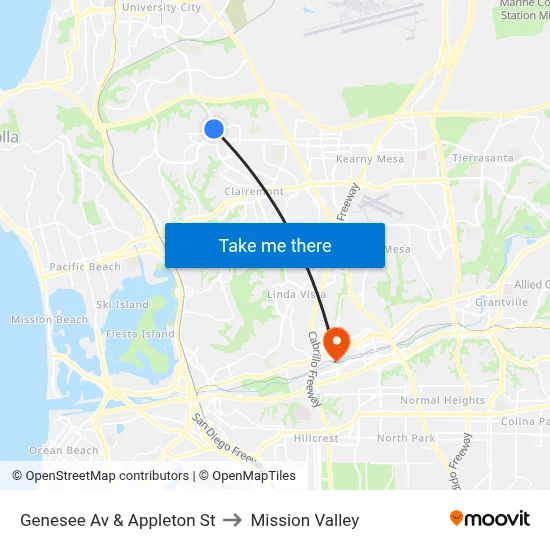 Genesee Av & Appleton St to Mission Valley map