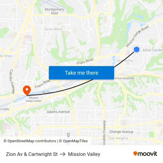 Zion Av & Cartwright St to Mission Valley map