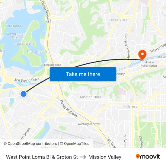 West Point Loma Bl & Groton St to Mission Valley map
