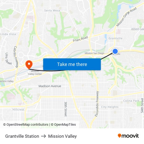 Grantville Station to Mission Valley map