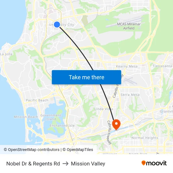Nobel Dr & Regents Rd to Mission Valley map