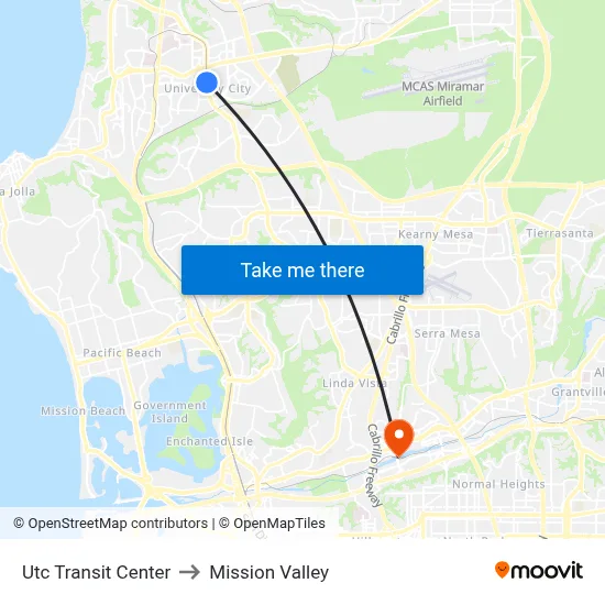 Utc Transit Center to Mission Valley map