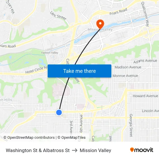 Washington St & Albatross St to Mission Valley map