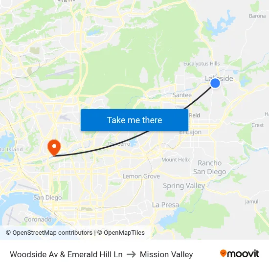 Woodside Av & Emerald Hill Ln to Mission Valley map