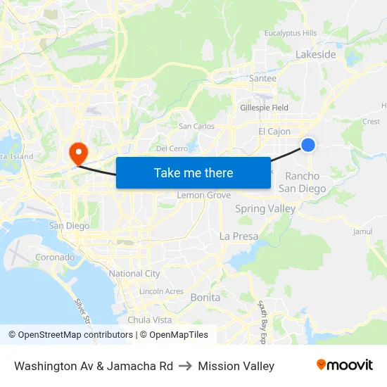 Washington Av & Jamacha Rd to Mission Valley map