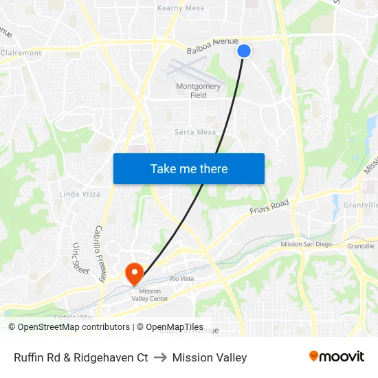 Ruffin Rd & Ridgehaven Ct to Mission Valley map