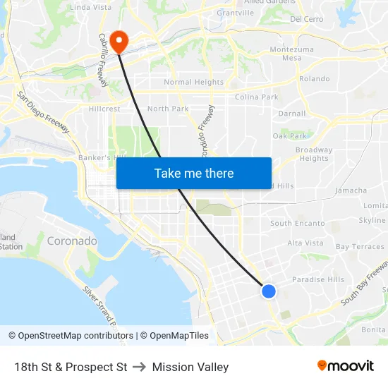 18th St & Prospect St to Mission Valley map