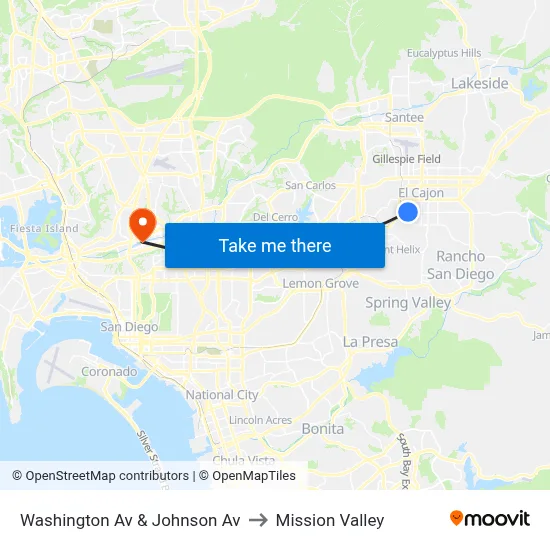 Washington Av & Johnson Av to Mission Valley map