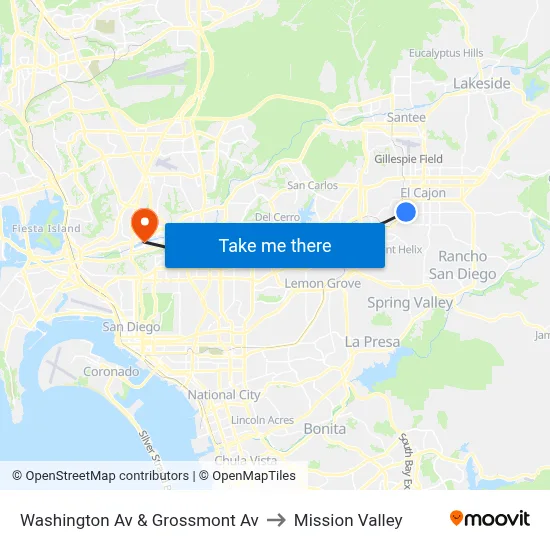 Washington Av & Grossmont Av to Mission Valley map